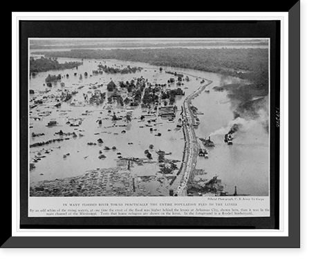 In many flooded river towns practically the entire population fled to the levees.Official photograph, U.S. Army Air Corps, Vintage Poster