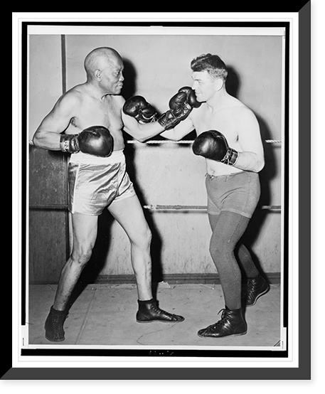 Jack Johnson (l) in the boxing ring with Steve Dudos, Historic Print