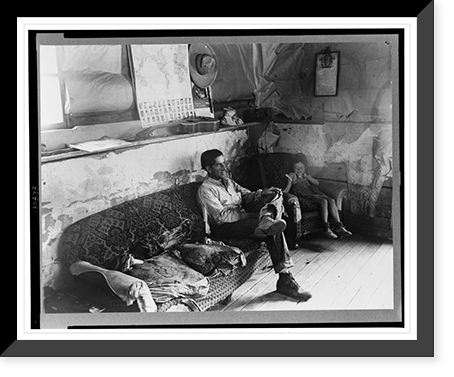 Faro Caudill and his daughter in their dugout home. There hasn't been any cash to buy furniture. Farm expenditures take all extra cash. Pie Town, New Mexico Classic, Antique Wall Art