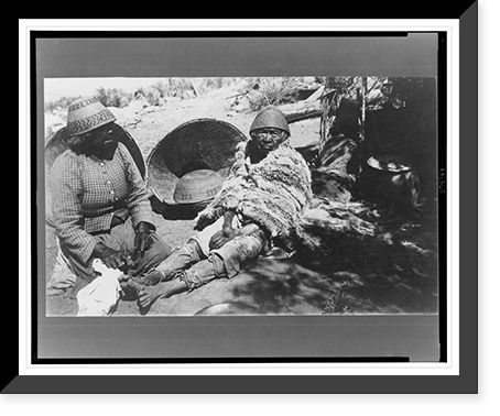 Two old Paiute Indian women with baskets and woven hats, one identified as Teha, Historic Reproduction