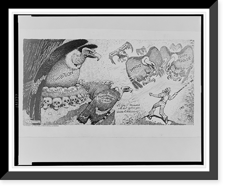 Uncle Sam beating off dope peddler", "bandit", and "white slaver" vultures from brood of the vulture, "prohibition"" Classic, Antique Wall Art