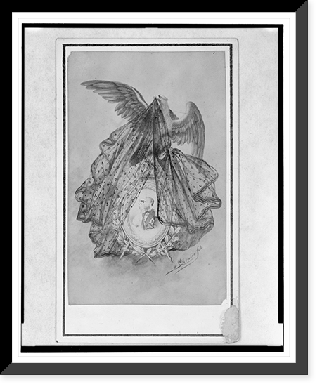 Historic Framed Print, [Eagle lifting veil from cameo of Empress Carlota and Emperor Maximilian],  17-7/8" x 21-7/8"