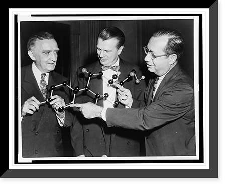 (l to r) Sen. Joseph O'Mahoney, Dr. Floyd S. Daft, and Dr. Joseph J. Bunim, half-length portrait, holding a wooden model of the molecular structure of cortisone Classic, Vintage Print