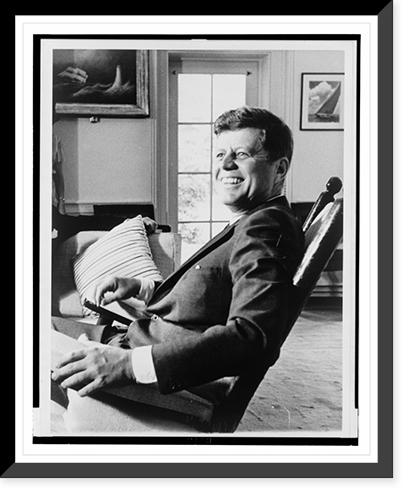 Historic Framed Print, [President John F. Kennedy, half-length portrait, seated in rocking chair, facing slightly left],  17-7/8" x 21-7/8"