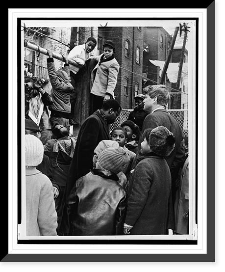 Historic Framed Print, Senator [Robert Kennedy] and CBCC's Donald F. Benjamin join kids at playground.World Telegram & Sun photo by Dick DeMarsico.,  17-7/8" x 21-7/8"