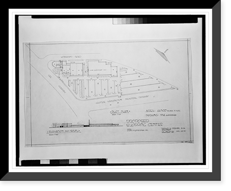 Historic Framed Print, Architectural drawing for a shopping center for Lyon Properties, Inc. : Lee Highway and George Washington Memorial Parkway (i.e., Spout Run Parkway), Arlington, Virginia. Plot plan and south elevation,  17-7/8" x 21-7/8"