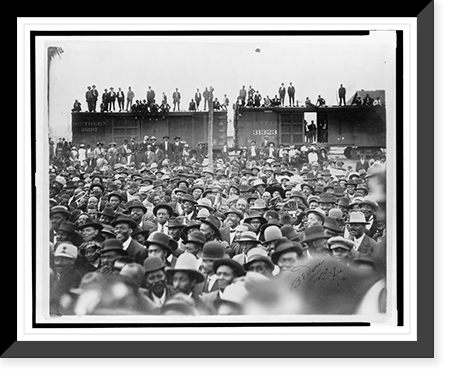 Historic Framed Print, [Large crowd gathered to hear Booker T. Washington speak, with men standing on railroad box cars in the background, New Orleans, Louisiana].Bedou, NO, La.,  17-7/8" x 21-7/8"