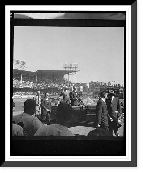 Historic Framed Print, [President Eisenhower standing in car before 1956 world series game at Ebbets Field],  17-7/8" x 21-7/8"