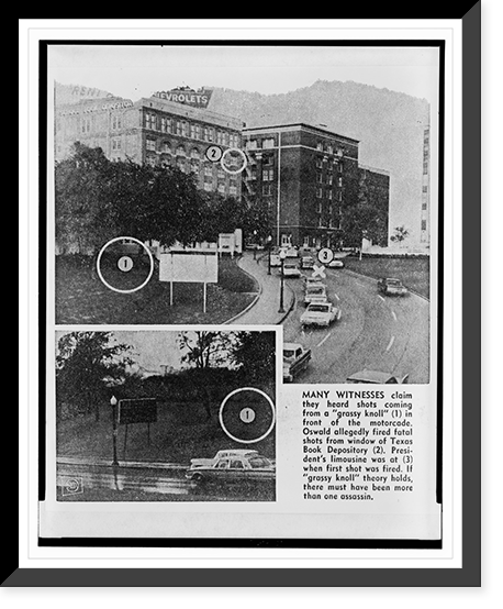 Historic Framed Print, Many witnesses claim they heard shots coming from a grassy knoll" (1) in front of the motorcade",  17-7/8" x 21-7/8"