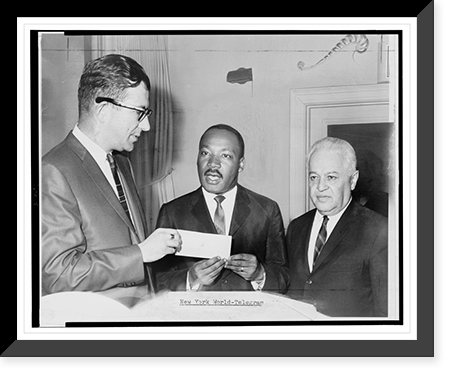 Historic Framed Print, [Rev. Martin Luther King receiving check for Alabama voter registration drive from Albert Shanker, president of the United Federation of Teachers, and Morris Iushewitz],  17-7/8" x 21-7/8"