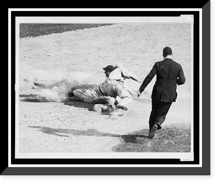 Historic Framed Print, [Umpire runs toward base to make the call on ball player sliding into second base during baseball game],  17-7/8" x 21-7/8"