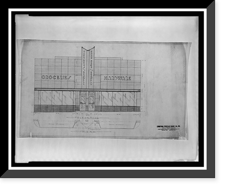 Historic Framed Print, [Alterations to a grocery and hardware store (Carr Bros. and Boswell"),  71 Maryland Avenue,  Hyattsville,  Maryland. Plan and front elevations]",  17-7/8" x 21-7/8"