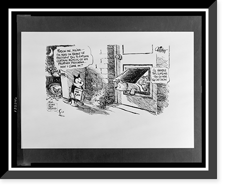 Historic Framed Print, Pardon me,  Ma'am.  I'm here on behalf of President Bill to explain certain aspects of his proposed program. May I come in?".Oliphant.",  17-7/8" x 21-7/8"