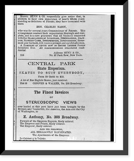 Historic Framed Print, Central Park Skate Emporium. Skates to suit everybody, from 50 cents to $25,  17-7/8" x 21-7/8"