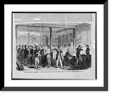 Historic Framed Print, The ordnance armory, Charleston, S.C. - the volunteer troops trying the arms.from a sketch by our special artist now in Charleston, S.C.,  17-7/8" x 21-7/8"