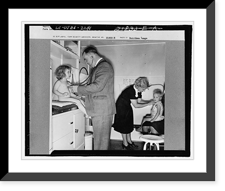 Historic Framed Print, Doctor examining children in trailer clinic. FSA (Farm Security Administration) mobile camp, Klamath County, Oregon. See general caption 62,  17-7/8" x 21-7/8"
