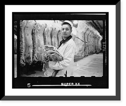 Historic Framed Print, [Butcher holding slab of beef in a meat locker],  17-7/8" x 21-7/8"