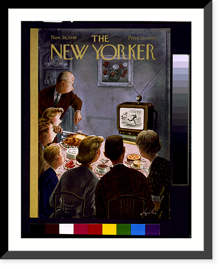 Historic Framed Print, [Family at Thanksgiving dinner with father carving turkey; all are intently watching football on television].Alajolov. - 3,  17-7/8" x 21-7/8"