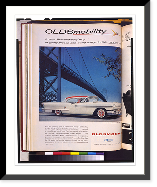 Historic Framed Print, [Page of advertisement for Oldsmobile automobiles, showing a 1958 Oldsmobile and bridge],  17-7/8" x 21-7/8"