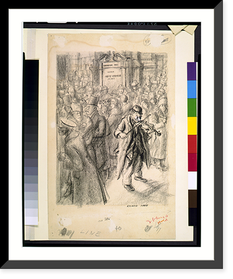 Historic Framed Print, [Elderly man in ragged clothes playing violin amid well dressed crowd in front of Carnegie Hall marquee advertising Fritz Kreisler, violinist].Reginald Marsh. - 2,  17-7/8" x 21-7/8"