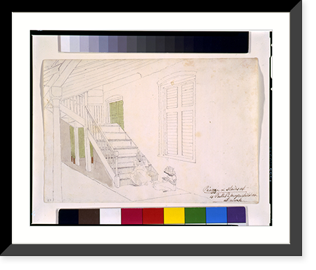 Historic Framed Print, [Piazza & stairs at 4 paths, 2 negro children at work, Jamaica],  17-7/8" x 21-7/8"