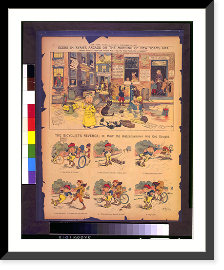 Scene in Ryan's Arcade on the morning of new year's day.R.F. Outcault. The bicyclist's revenge; or, How the Katzenjammer Kid got caught.R. Dirks, Vintage Print