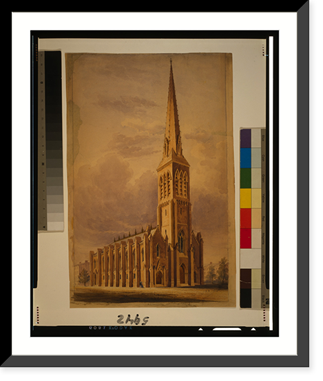 Exterior view of masonry church with axial tower entrance and spire Classic, Vintage Poster