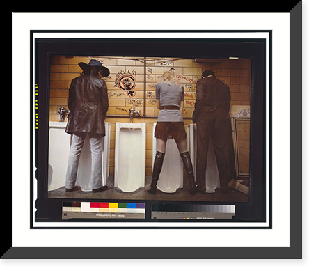 Two men and a woman standing at urinals, with woman's lib" graffiti on wall.photographer: Elizabeth Richter." - 2, Historic Reproduction