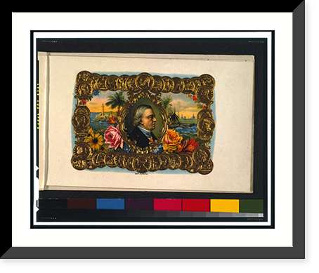Cigar box label, printed by a German firm, showing head-shoulders portrait of a man, facing right, superimposed over waterfront scene, with border of gold coins Classic, Antique Poster