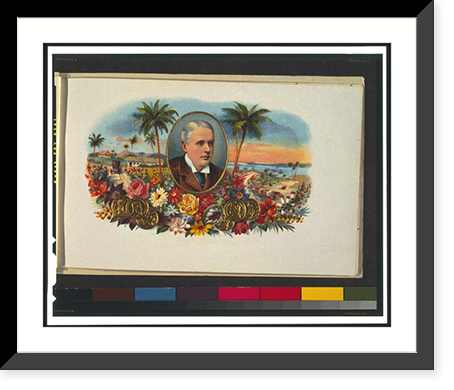 Cigar box label, printed by a German firm, showing head-shoulders portrait of a man, facing right, superimposed over tropical waterfront scene, with six gold coins at bottom Vintage Wall Art Prin