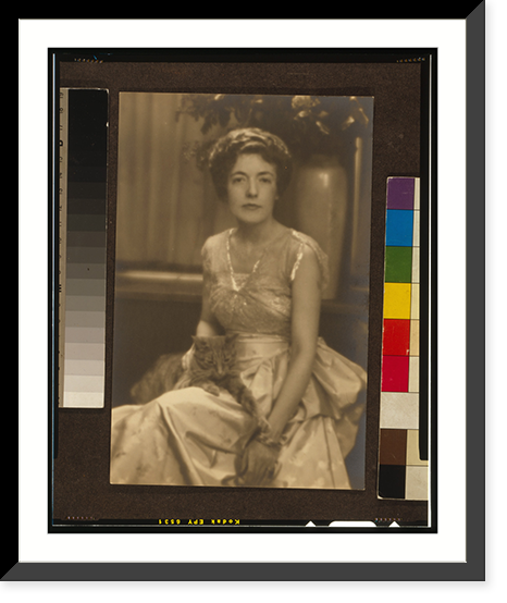 Mrs. Bernice Ballard, three-quarter length portrait, seated, facing front with Buzzer the cat, Historic Print