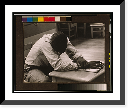 Historic Framed Print, The day after we got here a man came and talked to my daddy. There's a school,  he says, and we want your boy in it" Exhausted boy asleep at desk,  migrant school,  Cranbury,  New Jersey,  1956." - 2,  17-7/8" x 21-7/8"