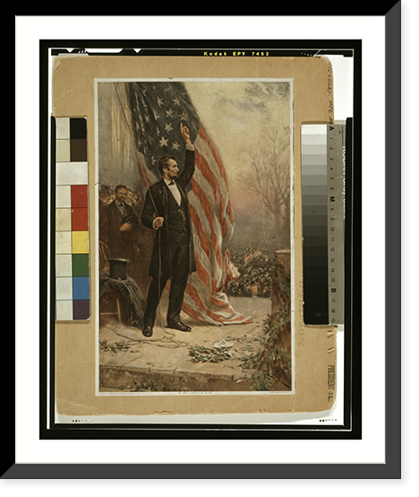 Abraham Lincoln, standing, full-length, facing right, holding rope of flag(?), arm upraised - 3, Vintage Print