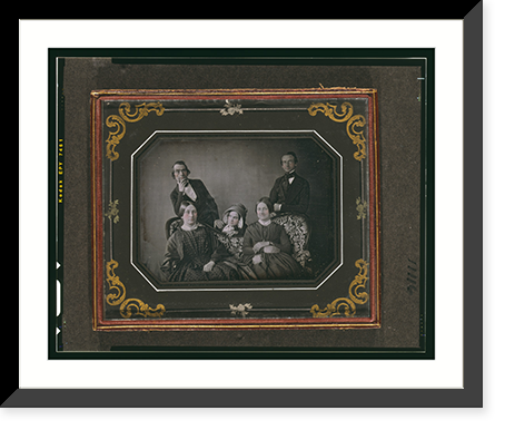Two unidentified women seated on a sofa, two unidentified men standing behind the sofa, with a woman peering over the back of the sofa, Antique Print