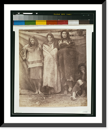 Historic Framed Print, [Group of Native Americans, three standing, one seated on the ground, possibly Colville or Kutenai, at the winter quarters of the British Northwest Boundary Commission Survey in Colville, Washington],  17-7/8" x 21-7/8"