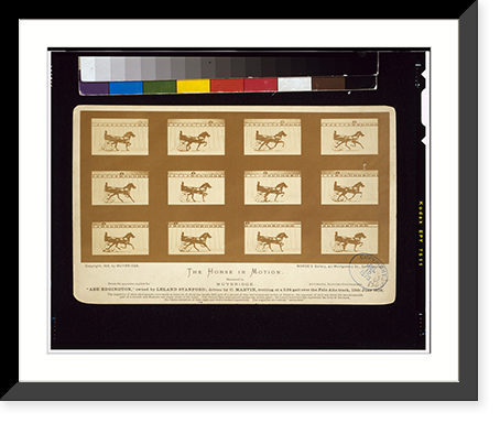 Historic Framed Print, The Horse in motion. Abe Edgington,  owned by Leland Stanford; driven by C. Marvin, trotting at a 2:24 gait over the Palo Alto track, 15th June 1878.Muybridge. - 2,  17-7/8" x 21-7/8"