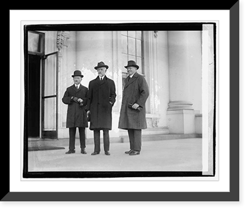 Historic Framed Print, [Three men standing outside building], 12/6/20,  17-7/8" x 21-7/8"