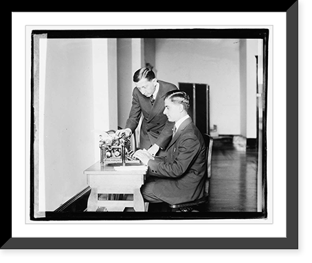 Unidentified men using typing machine, Historic Print