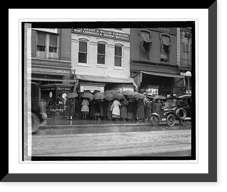 Rear view of group of women with umbrellas standing outside of store, Antique Print
