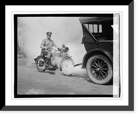 Police on motorcycle trailing car with smoke, 9/1/23 Classic, Vintage Print