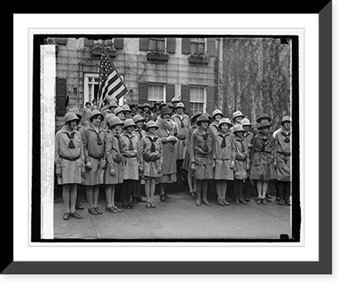 Historic Framed Print, Mrs. Hoover at Girl Scout's Little House, 4/26/29,  17-7/8" x 21-7/8"