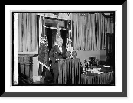 Historic Framed Print, Sec. Weeks at microphone, Defense Day, [9/13/24],  17-7/8" x 21-7/8"