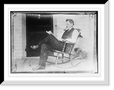 J.F. Jacobson, reading, in rocker, with dog Classic, Historic Reproduction