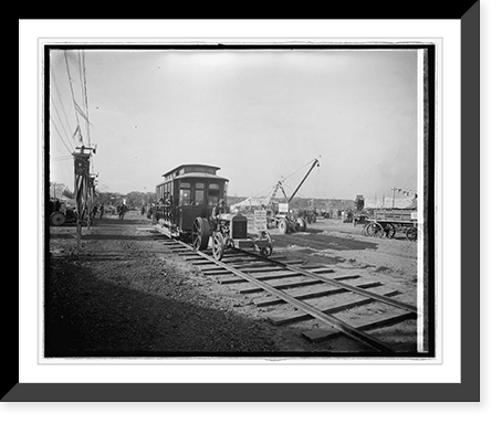 Historic Framed Print, [Locomotive and tractor on display],  17-7/8" x 21-7/8"