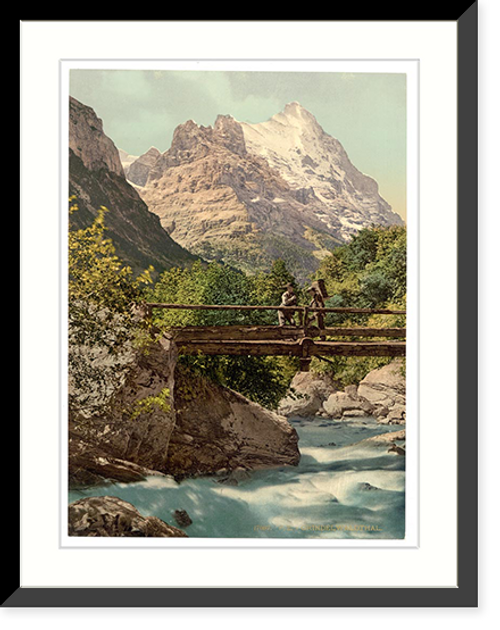 Historic Framed Print, Grindelwald footbridge and mountain peaks Bernese Oberland Switzerland,  17-7/8" x 21-7/8"