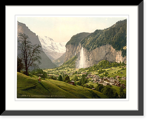 Historic Framed Print, Lauterbrunnen Valley with Staubbach Bernese Oberland Switzerland,  17-7/8" x 21-7/8"