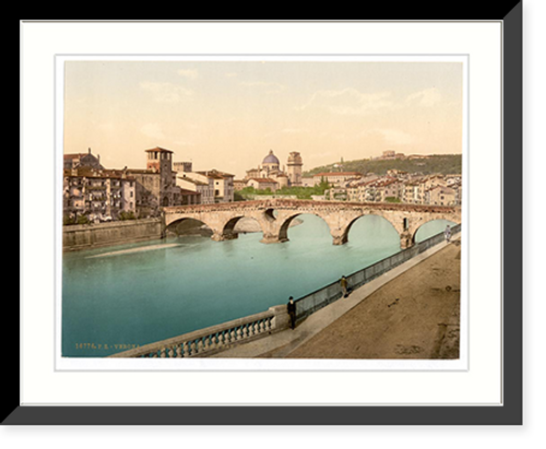 Historic Framed Print, Stone bridge and San Giorgia Verona Italy,  17-7/8" x 21-7/8"