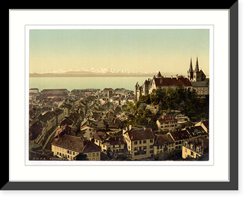 Historic Framed Print, The town general view showing the alps Neuchatel and the castle Switzerland,  17-7/8" x 21-7/8"