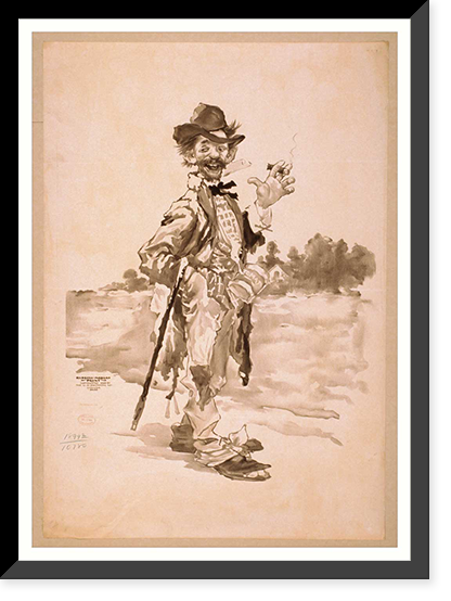 Historic Framed Print, [Tramp smoking cigar with cane over arm],  17-7/8" x 21-7/8"