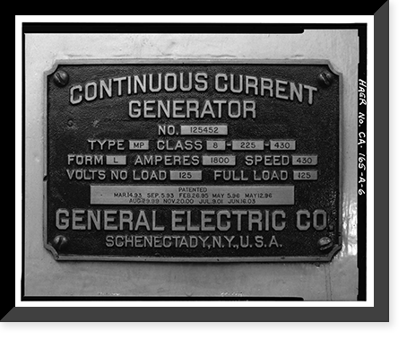 Historic Framed Print, Kern County No. 1 Hydroelectric System, Powerhouse Exciters, Kern River Canyon, Bakersfield vicinity, Kern County, CA - 6,  17-7/8" x 21-7/8"